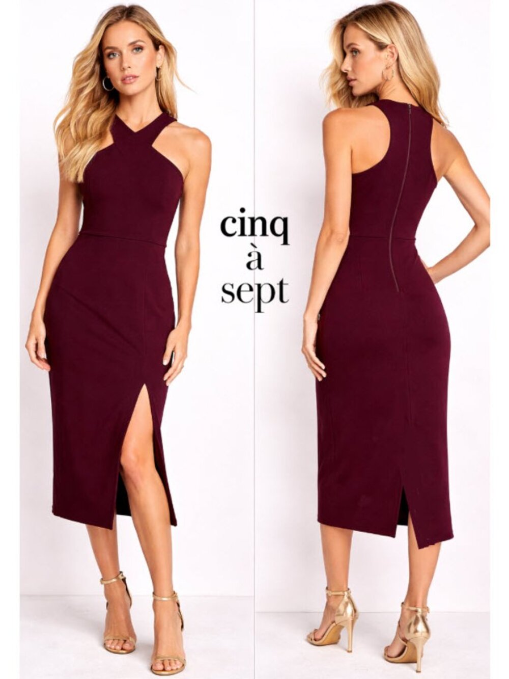 Cinq à Sept Cryssa Halter Dress Burgundy Front Slit Size 10